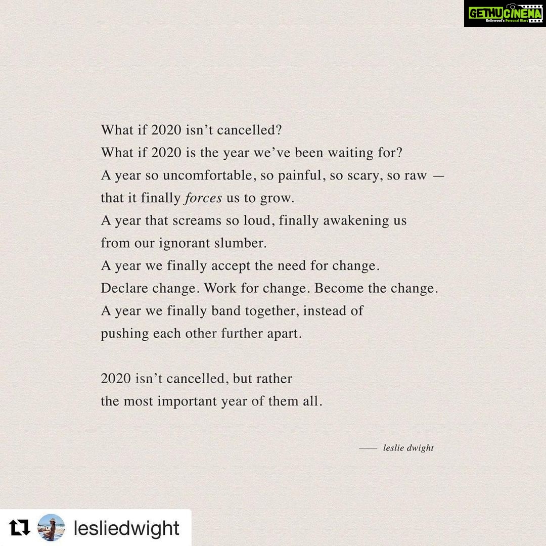 Ritika Singh Instagram - #Repost @lesliedwight with @get_repost ・・・ “What if 2020 isn’t cancelled? What if 2020 is the year we’ve been waiting for? A year so uncomfortable, so painful, so scary, so raw — that it finally forces us to grow. A year that screams so loud, finally awakening us from our ignorant slumber. A year we finally accept the need for change. Declare change. Work for change. Become the change. A year we finally band together, instead of pushing each other further apart. 2020 isn’t cancelled, but rather the most important year of them all.” 🖤