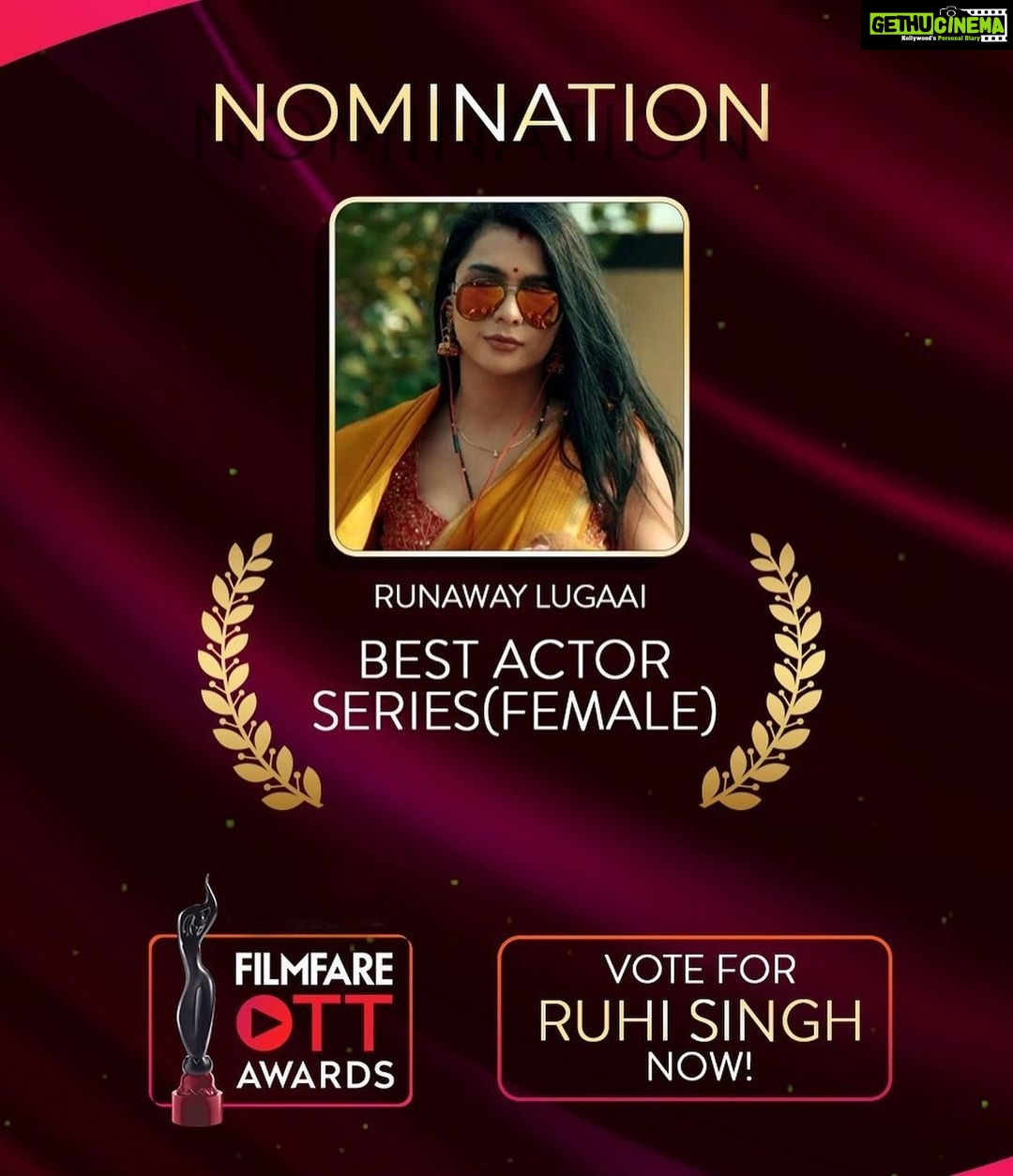 Ruhi Singh Instagram - Hello everyone ❤️ I feel extremely honoured to have been nominated for the prestigious #Filmfare OTT awards as best actor for my performance in #Runawaylugaai I already feel accomplished to be nominated alongside the supremely talented @masabagupta and all the other amazing actors. I feel all my efforts of coming to this city, trying to make a mark in this competitive field have lead to fruition and I’m very grateful. Voting closes in a few hours, I’ve put a new link in bio, please do vote for me, I really appreciate your support. Ps- forever a ‘Filmfare nominated actress’ means so muchhh to me! Thank you God