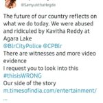 Samyuktha Hegde Instagram – Video 1 and 2, you can see the lady clearly (kavitha reddy) charging at my friend and attempting to hit her
Video 3: after she tried to assault my friend, when we were waiting for the police to arrive some People in the park who knew her started supporting her and playing moral police and asking us if it is our culture to wear sports wear
Video 4: this man in the red checkered shirt and about 10 men with her arrived right before the police did and started threatening us. His name is Anil, and you can clearly hear him threatening me. In my line of work even false news is enough to destroy my career and he threatened me exactly of that and the police stood there and just watched. This is when i decided to go live and have our side of the story put out there in the open

After being in a democracy and following all the norms of social distancing, we were abused and ridiculed by Kavitha Reddy and the mob in Agara Lake for practicing our hoolahoop while wearing sportswear. Despite being polite and trying to solve the problem, the lady hit my friend and used disparaging remarks about me and my friends
Was extremely disappointed with how the police who came to the location behaved , like nothing was wrong and spoke to her with respect while asked us to be quite. The cops stood there while her mob harassed us and even after requesting the police continuously, they decided to stand there and support this (proof on igtv)
Yesterday was really hard and it was so disturbing to go through this
When we went to the police station, everyone there already knew her and spoke to her nicely and saw us like we were wrong. The only police who spoke to us with some respect and told her she was wrong was the inspector is the hsr police station muni reddy, he asked us both to file our respective complaints and he left. We wrote the complaint and gave it to the police. The police present there refused to give us an acknowledgement for the same.
Its not easy being strong around people who are trying to break you, and having to listen to so many people harass us for doing nothing.
THIS IS JUST WRONG
I request you all for your support 💛
@blrcitypolice
#thisiswrong
#punishkavithareddy
