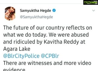 Samyuktha Hegde Instagram - Video 1 and 2, you can see the lady clearly (kavitha reddy) charging at my friend and attempting to hit her Video 3: after she tried to assault my friend, when we were waiting for the police to arrive some People in the park who knew her started supporting her and playing moral police and asking us if it is our culture to wear sports wear Video 4: this man in the red checkered shirt and about 10 men with her arrived right before the police did and started threatening us. His name is Anil, and you can clearly hear him threatening me. In my line of work even false news is enough to destroy my career and he threatened me exactly of that and the police stood there and just watched. This is when i decided to go live and have our side of the story put out there in the open After being in a democracy and following all the norms of social distancing, we were abused and ridiculed by Kavitha Reddy and the mob in Agara Lake for practicing our hoolahoop while wearing sportswear. Despite being polite and trying to solve the problem, the lady hit my friend and used disparaging remarks about me and my friends Was extremely disappointed with how the police who came to the location behaved , like nothing was wrong and spoke to her with respect while asked us to be quite. The cops stood there while her mob harassed us and even after requesting the police continuously, they decided to stand there and support this (proof on igtv) Yesterday was really hard and it was so disturbing to go through this When we went to the police station, everyone there already knew her and spoke to her nicely and saw us like we were wrong. The only police who spoke to us with some respect and told her she was wrong was the inspector is the hsr police station muni reddy, he asked us both to file our respective complaints and he left. We wrote the complaint and gave it to the police. The police present there refused to give us an acknowledgement for the same. Its not easy being strong around people who are trying to break you, and having to listen to so many people harass us for doing nothing. THIS IS JUST WRONG I request you all for your support 💛 @blrcitypolice #thisiswrong #punishkavithareddy