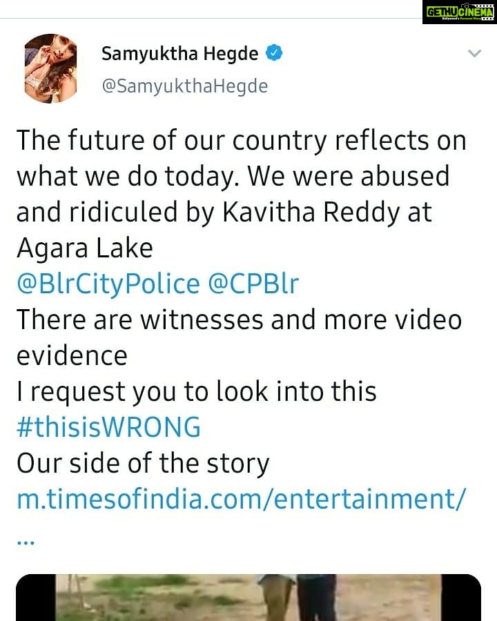 Samyuktha Hegde Instagram - Video 1 and 2, you can see the lady clearly (kavitha reddy) charging at my friend and attempting to hit her Video 3: after she tried to assault my friend, when we were waiting for the police to arrive some People in the park who knew her started supporting her and playing moral police and asking us if it is our culture to wear sports wear Video 4: this man in the red checkered shirt and about 10 men with her arrived right before the police did and started threatening us. His name is Anil, and you can clearly hear him threatening me. In my line of work even false news is enough to destroy my career and he threatened me exactly of that and the police stood there and just watched. This is when i decided to go live and have our side of the story put out there in the open After being in a democracy and following all the norms of social distancing, we were abused and ridiculed by Kavitha Reddy and the mob in Agara Lake for practicing our hoolahoop while wearing sportswear. Despite being polite and trying to solve the problem, the lady hit my friend and used disparaging remarks about me and my friends Was extremely disappointed with how the police who came to the location behaved , like nothing was wrong and spoke to her with respect while asked us to be quite. The cops stood there while her mob harassed us and even after requesting the police continuously, they decided to stand there and support this (proof on igtv) Yesterday was really hard and it was so disturbing to go through this When we went to the police station, everyone there already knew her and spoke to her nicely and saw us like we were wrong. The only police who spoke to us with some respect and told her she was wrong was the inspector is the hsr police station muni reddy, he asked us both to file our respective complaints and he left. We wrote the complaint and gave it to the police. The police present there refused to give us an acknowledgement for the same. Its not easy being strong around people who are trying to break you, and having to listen to so many people harass us for doing nothing. THIS IS JUST WRONG I request you all for your support 💛 @blrcitypolice #thisiswrong #punishkavithareddy