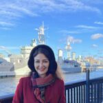 Saumya Tandon Instagram – In love with the sky colour, the clouds, and the magnificent ship. 
And read about it : (I read on net too 😊)
HMS Belfast is a museum ship, originally a light cruiser built for the Royal Navy, and now permanently moored on the River Thames next to Tower Bridge. The ship encourages visitors to come aboard, explore all 9 of the historic decks and hear the personal stories of the crew who lived and served on board.

#london
