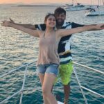 Sayyeshaa Saigal Instagram – Feeling the titanic moment! Ibiza! With my hubzy! @aryaoffl #goodtimes #throwback #fun #ocean