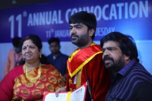 Silambarasan Instagram - Thanking all the committee members of Vels University & @dr.isharik.ganesh for bestowing the Honorary Doctorate upon me. 
I dedicate this huge honour to 
Tamil cinema, my Appa & Amma! Cinema happened to me because of them! 
Finally - my fans, #neengailaamanaanilla 
Nandri Iraiva! ❤️