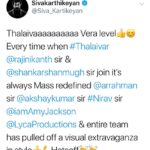 Sivakarthikeyan Instagram – Thalaivaaaaaaaaaa Vera level👍😊 Every time when #Thalaivar @rajinikanth sir & #shankar sir join it’s always Mass redefined @arrahman sir @akshaykumar sir #Nirav sir @iamamyjackson @lyca_productions & entire team has pulled off a visual extravaganza in style👍💪Hatsoff👏👏