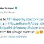 Sivakarthikeyan Instagram – Best wishes to #Thalapathy #Vijay sir, @arrahman sir, #Nayanthara, @atlee47, @archanakalpathi, @antonylruben and entire #Bigil team for a huge success 👍😊