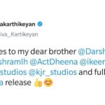 Sivakarthikeyan Instagram - Best wishes to my dear brother @darshan_offl, Dir @harishramlh, @dhina_vjtv, @keerthipandian, #RollTimeStudios, @kjr_studios and full team on #Thumbaa release 👍😊