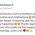 Sivakarthikeyan Instagram - Big hug and thanks to all my brothers and sisters for all the wishes and celebrations🤗 This love and affection keeps increasing year by year and so does my happiness😊😊 Thanks again to each and everyone who made me feel happy and blessed yesterday... Love u all ❤️😊👍