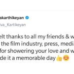 Sivakarthikeyan Instagram - My heartfelt thanks to all my friends & well wishers in the film industry, press, media and all stars fans for showering your love and wishes😊 You all made it a memorable day👍😊