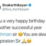 Sivakarthikeyan Instagram - Wish u a very happy birthday and yet another successful year @arrahman sir 😊You are always an inspiration Sir 🙏😊