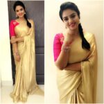 Sreemukhi Instagram – Look of the day! ☺️😄
#designeroutfitdiaries #sareelove #golds #riseandshine 
Outfit- @duta_couture 
Make up- Nookesh
Hair- Raju