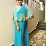 Sreemukhi Instagram - These amazing sky blue saree with a cape!! Loving experiments! Thanks to Rekha papa for making me look different! #Aboutlastnight #designerwears #Reda's #sarees😍 #capes #designeroutfitdiaries ☺️😁