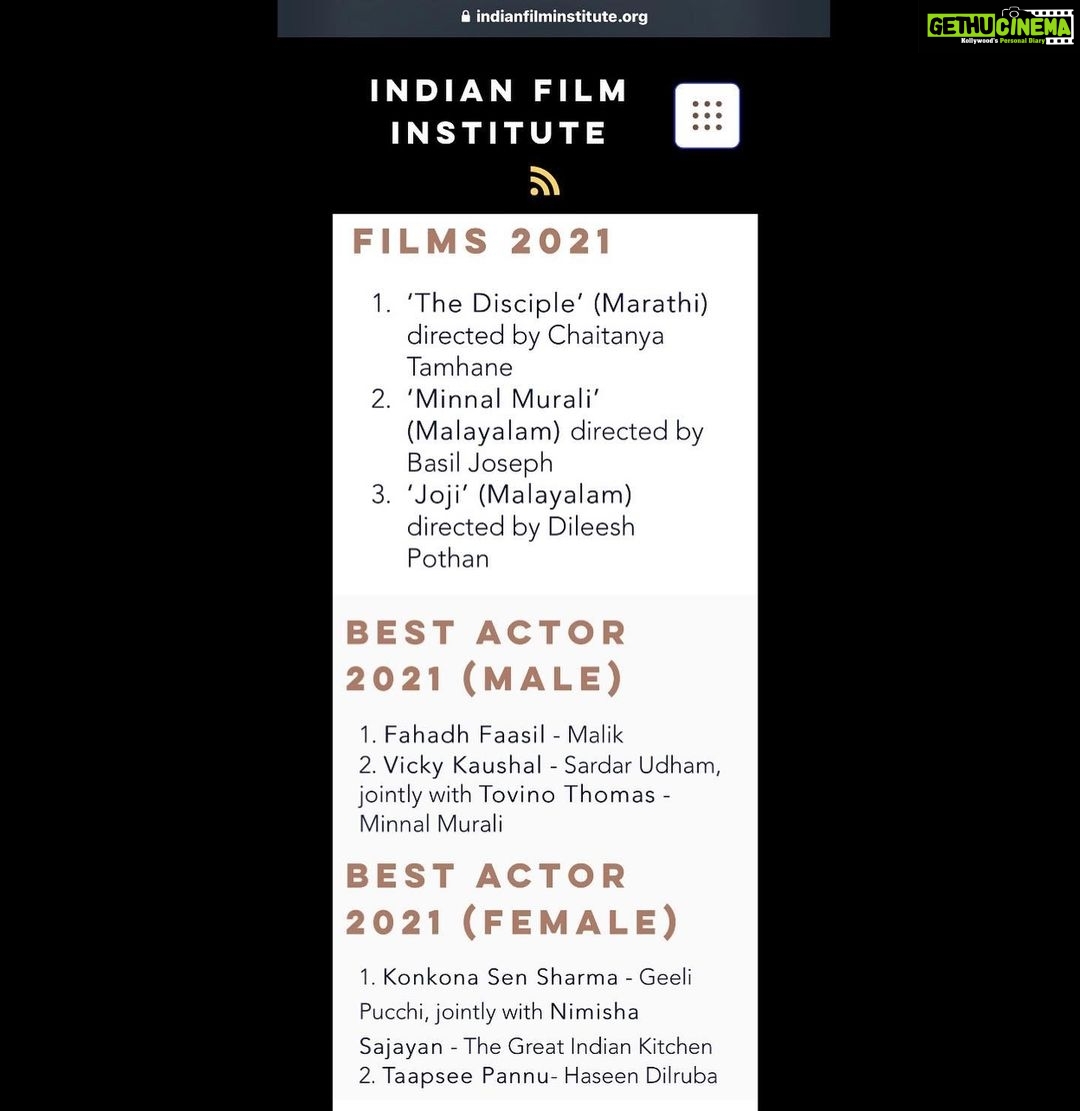 Tovino Thomas Instagram - To win an award is one thing. But to win the Indian Film Institutes Survey of Top Critics is something else! To have people who look at Cinema with utmost passion acknowledge your work is genuinely special. Thank you IFI and all the critics who were part of the survey for giving me and Minnal Murali such an honour. @ibasiljoseph we did it Aliya π. Here is to telling many more stories! Fahadh, congrats brother on the win! So well deserved β¨ @vickykaushal09 , Sardar Udham was so safe in your hands brother. Magnificent work! Can't wait to see what you have in store for us this year π @nimisha_sajayan , what a terrific performer you are. Onwards and upwards π @konkona , I have always been a fan and you know it π @taapsee , you kicked it out of the park as always! Lots of love to the team of Joji and ofcourse of The Disciple. Two movies that absolutely captivated the audience. Humbled and Grateful β€οΈ This genuinely is very special!