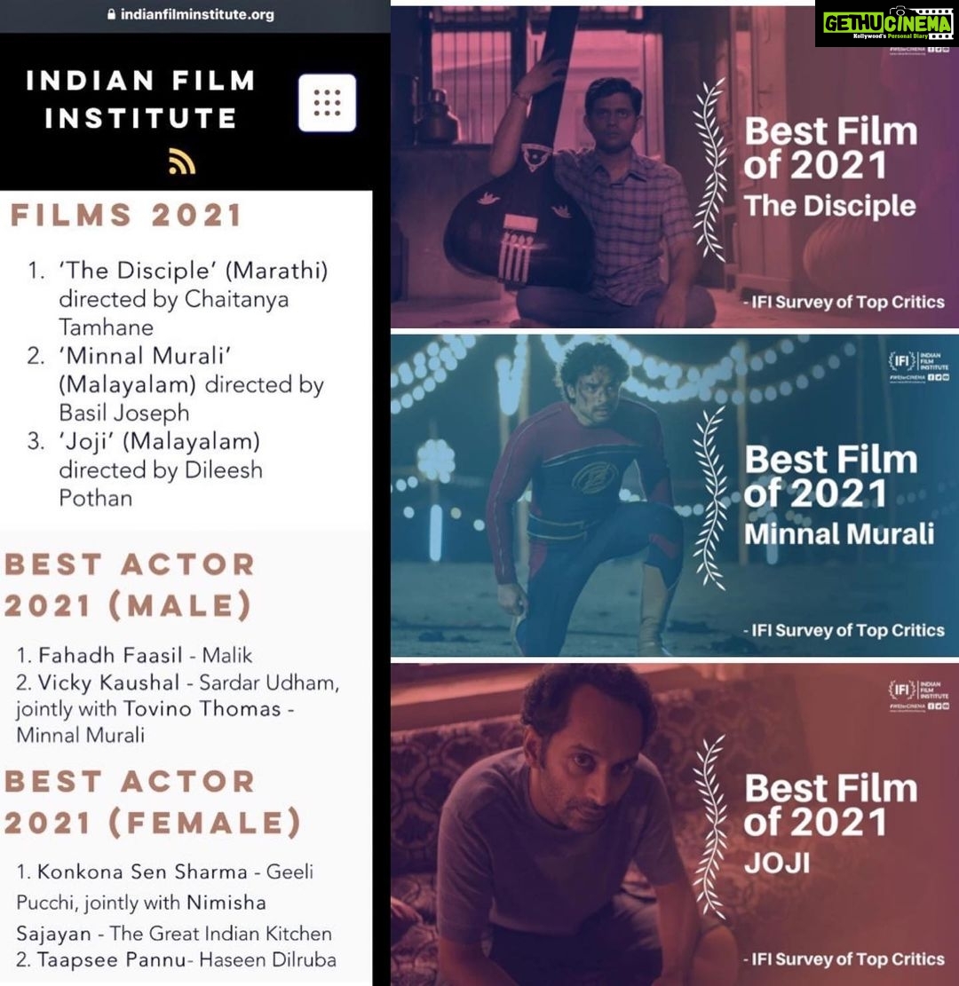 Tovino Thomas Instagram - To win an award is one thing. But to win the Indian Film Institutes Survey of Top Critics is something else! To have people who look at Cinema with utmost passion acknowledge your work is genuinely special. Thank you IFI and all the critics who were part of the survey for giving me and Minnal Murali such an honour. @ibasiljoseph we did it Aliya π. Here is to telling many more stories! Fahadh, congrats brother on the win! So well deserved β¨ @vickykaushal09 , Sardar Udham was so safe in your hands brother. Magnificent work! Can't wait to see what you have in store for us this year π @nimisha_sajayan , what a terrific performer you are. Onwards and upwards π @konkona , I have always been a fan and you know it π @taapsee , you kicked it out of the park as always! Lots of love to the team of Joji and ofcourse of The Disciple. Two movies that absolutely captivated the audience. Humbled and Grateful β€οΈ This genuinely is very special!