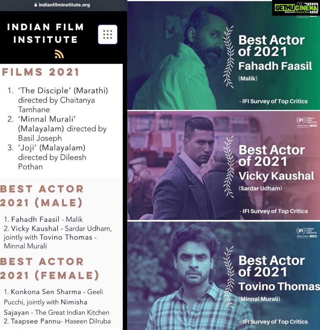Tovino Thomas Instagram - To win an award is one thing. But to win the Indian Film Institutes Survey of Top Critics is something else! To have people who look at Cinema with utmost passion acknowledge your work is genuinely special. Thank you IFI and all the critics who were part of the survey for giving me and Minnal Murali such an honour. @ibasiljoseph we did it Aliya π. Here is to telling many more stories! Fahadh, congrats brother on the win! So well deserved β¨ @vickykaushal09 , Sardar Udham was so safe in your hands brother. Magnificent work! Can't wait to see what you have in store for us this year π @nimisha_sajayan , what a terrific performer you are. Onwards and upwards π @konkona , I have always been a fan and you know it π @taapsee , you kicked it out of the park as always! Lots of love to the team of Joji and ofcourse of The Disciple. Two movies that absolutely captivated the audience. Humbled and Grateful β€οΈ This genuinely is very special!