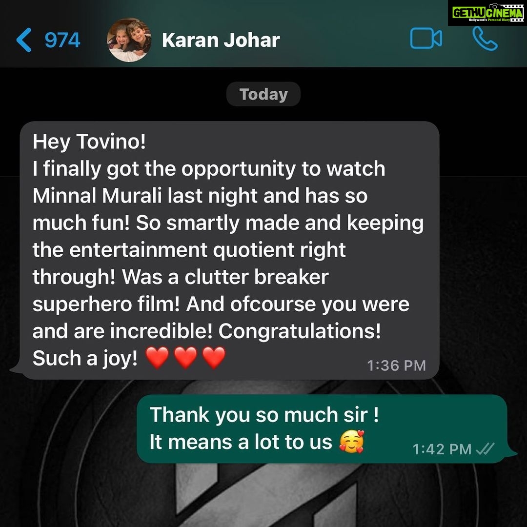 Tovino Thomas Instagram - Messages like these ! π Itβs not always that the whole world starts appreciating your work from every nook and corner. And specially when an ace filmmaker like @karanjohar who has given numerous all-time entertainers for us, appreciates our work, it sure feels surreal π Thank you Sir for letting us know how much you loved the movie ! Glad to know you enjoyed it thoroughly β‘οΈ @vasisht_vasu @netflix_in @weekendblockbusters @sophiapauljames @ibasiljoseph @guru_somasundaram @sameer_thahir @vladrimburg @inst.kev @cedinp @arun_anirduhan_ @insta.justi94 @shaanrahman @sushintdt @ajuvarghese @chathan__ @varghese.sinto @aima.rosmy @neethungeo #justminnalthings #minnalmurali #trendingnow #global #netflixindia #minnalmuralionnetflix