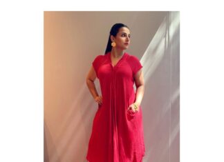 Vidya Balan Instagram - E- Promotions for #ShakuntalaDevi releasing on @primevideoin on 31st July☀️❣️ Outfit - @urvashikaur Makeup - @shre20 Hair - @bhosleshalaka Styled by - @who_wore_what_when #vocalforlocal - Placing an emphasis on conscious creation & consumption, this Urvashi Kaur silhouette combines luxury with ease. Handcrafted, this versatile textured cotton tunic dress paired with dhotis is one of of the labels signature styles that has been used across many collections in different handwoven textiles and this particular one is hand dyed with minimal details like kantha stitch technique .