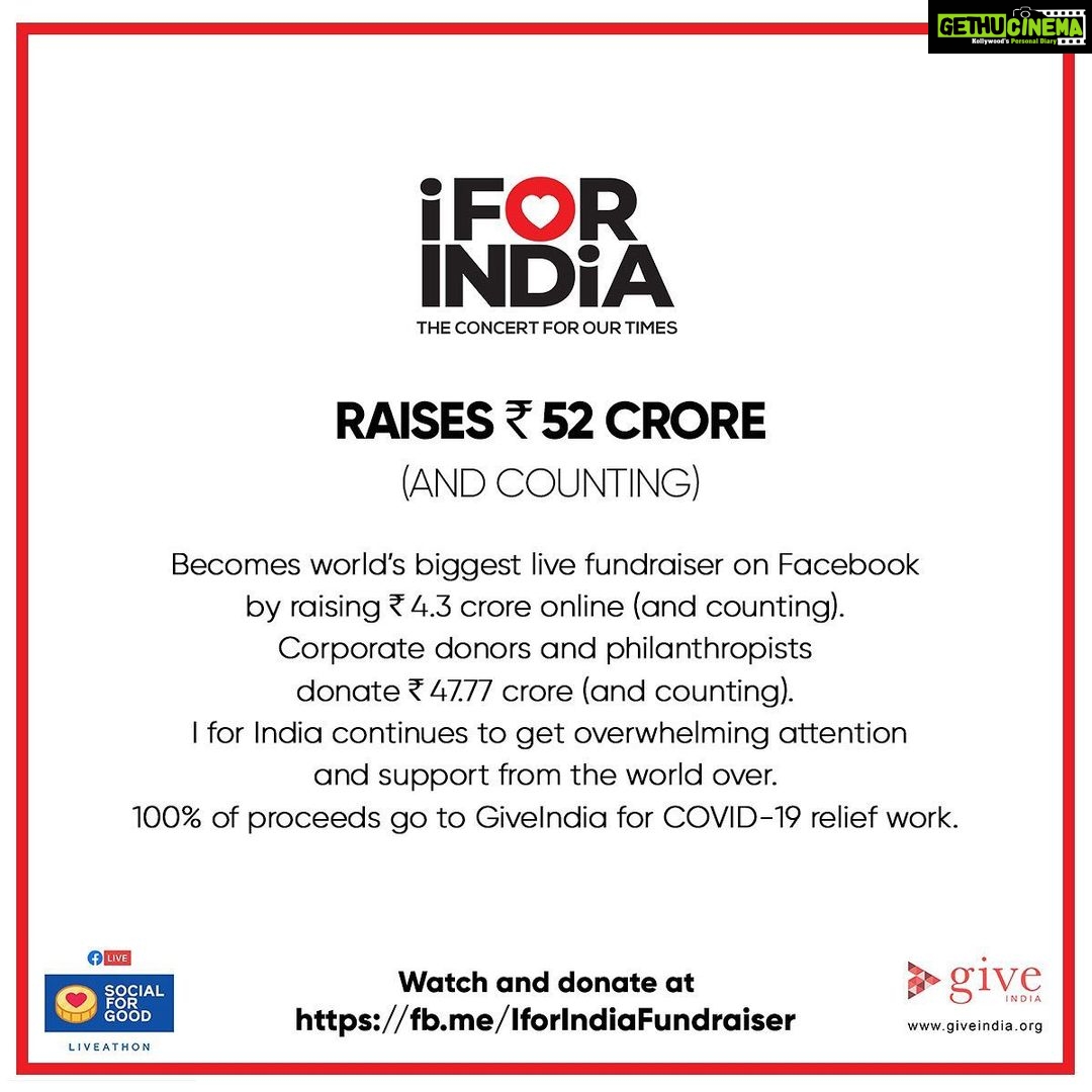 Vidya Balan Instagram - From our hearts to yours ♥️♥️. Thank you for watching. Thank you for responding. Thank you for donating. I for India started out as a concert. But it can be a movement. Let’s continue to build a safe India. A healthy India. A strong India. I for India. Please continue to donate. Link in bio #IForIndia #SocialForGood @give_india