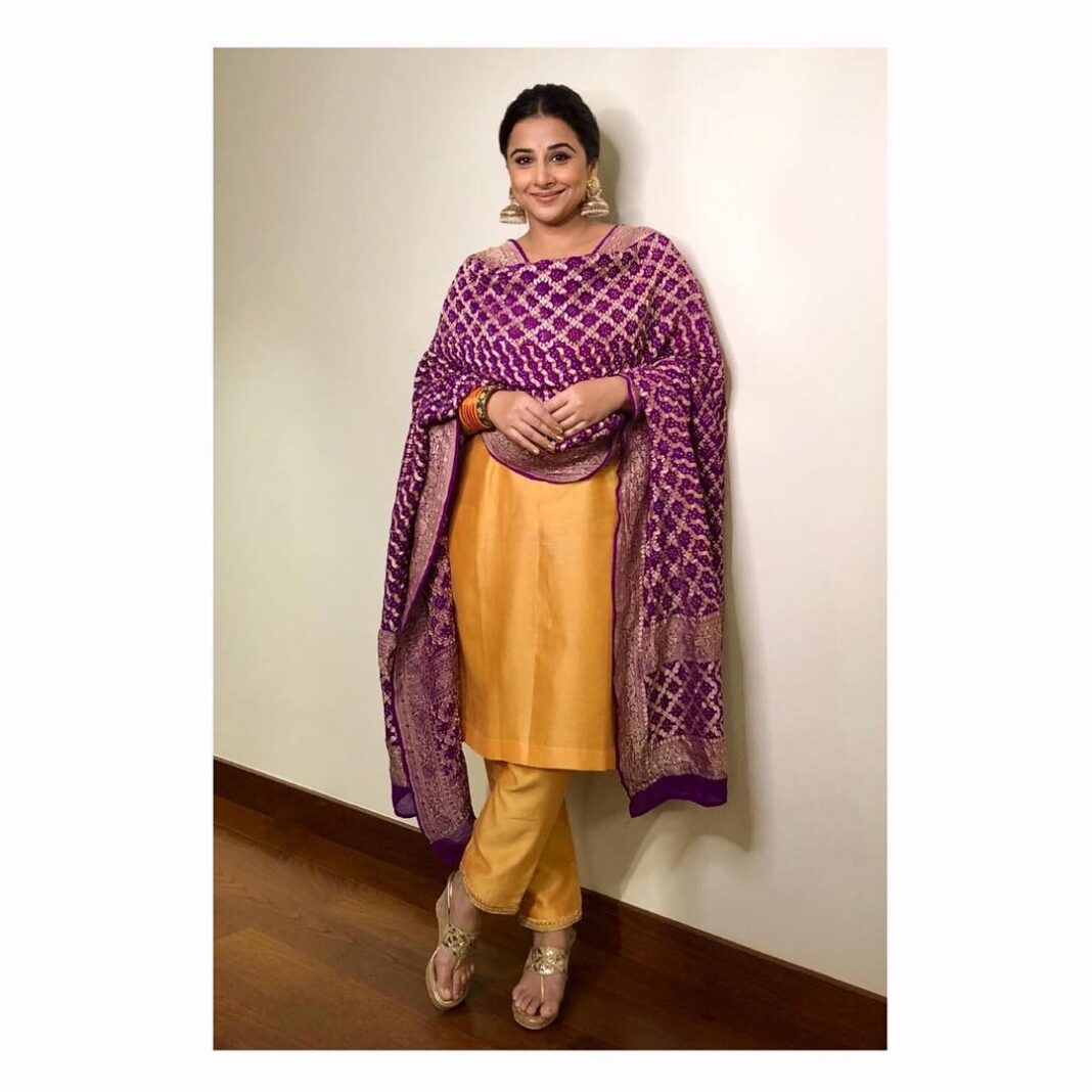 Vidya Balan Instagram - For a wedding reception tonight, Outfit - @theheritageweavers Shoes - @crimzonworld Hair -@hairbyrishika Makeup @shre20 Styled by @who_wore_what_when