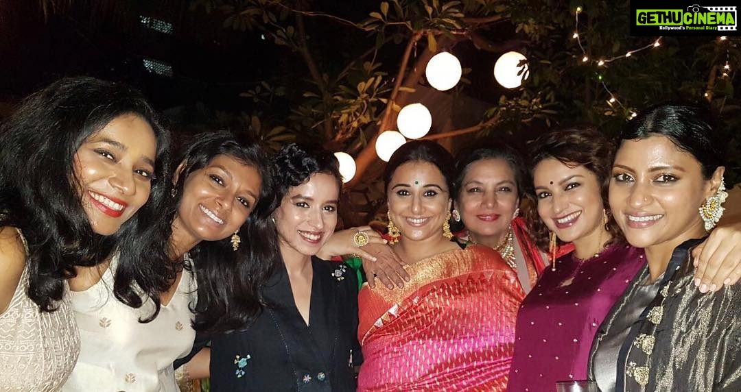 Vidya Balan Instagram - Woman power night...a bunch of strikingly beautiful and equally talented female actors in one frame.. L to R: Tannishtha Chatterjee,Nandita Das,Tillotama Shome,Me,Shabana Azmi,Tisca Chopra,Konkona Sen Sharma ....at the @azmishabana18 Diwali party πβ€οΈ.... Thank you @ks_sanjay for capturing this moment πβ€οΈ!!