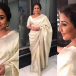 Vidya Balan Instagram - Attended the #ZeeCineAwards2017 last night wearing this beautiful ivory silk saree! Saree : @secondskinhyd Jewellery : @narayanjewels Hair : @bhosleshalaka Makeup : Shreyas Mhatre Styled by : @who_wore_what_when Assisted by : @gogriiiii
