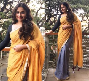 Vidya Balan Instagram - Attended Ira & Ruhaan's Annual Day wearing this beautiful two tone tassel pure khadi saree! Sari - @payal_zinal Earrings - @shopchicsaga Styled by - @who_wore_what_when