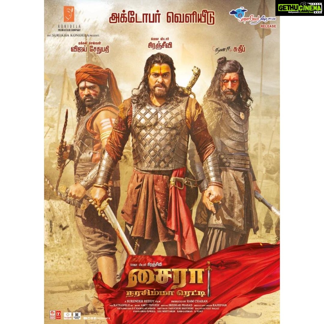 Vijay Sethupathi Instagram - #SyeRaa october release. A #SuperGoodFilms release #RBChoudary #MegastarChiranjeevi @DirSurender #Nayanathara @kichchasudeepa @iamjaggubhai_ @tamannaahspeaks @rathnaveludop @konidelapro @ameet_trivedi @DoneChannel1 @ctcmediaboy