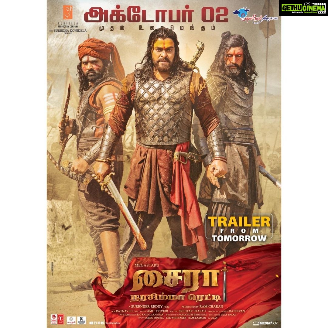 Vijay Sethupathi Instagram - Best wishes to #RBChoudary sir #SuperGoodFilms on releasing #SyeRaa in Tamil Nadu on October 2 #SyeRaaWithSuperGoodFilms #MegastarChiranjeevi #AmitabhBachchan #DirSurender @kichchasudeepa @iamjaggubhai_ @tamannaahspeaks @konidelapro @rathnaveludop #Nayanthara @ctcmediaboy