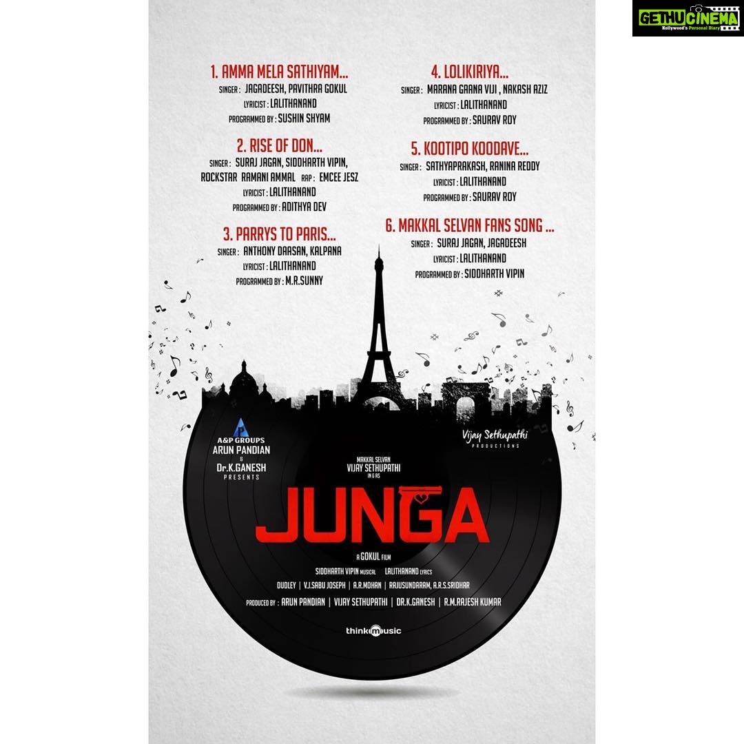 Vijay Sethupathi Instagram - Let the celebration begin, The #JungaTracklist is here A #SiddharthVipin Musical & #Lalithanand Lyrical #JungaAudiofromJune13 #vijaysethupathi #vijaysethupathiproductions @vijay_sethupathi_productions
