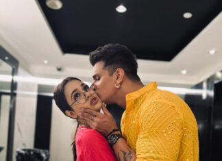 Yuvika Chaudhary Instagram - Mere bhai ke shadi hai #akashkiaparana Styled by @fittingroomcouture Hair done by @shanjunaid baba jo bht galiya khata hai mere se 🤣🤣🤣🤣 @princenarula @aakashh.tomar @yuvikachaudhary oyeeeee hoiiiiii