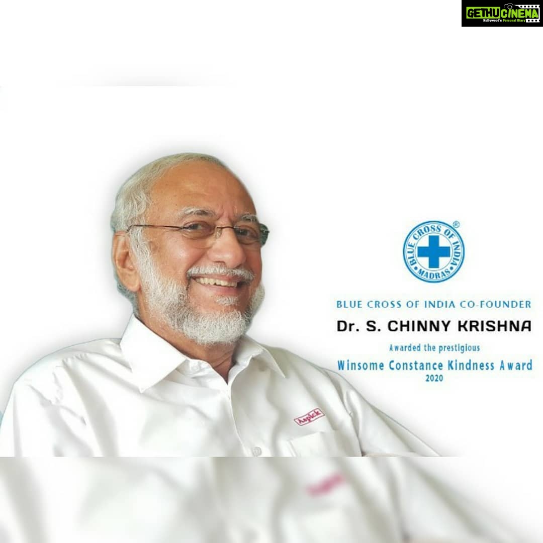 Amala Akkineni Instagram - Congratulations to my mentor and guide Dr Chinny Krishna, for the well deserved recognition🙏🏼 am sure every dollar will be spent on the animals. Reposting the announcement here. We are delighted to announce that the Winsome Constance Kindness Award for 2020 has been given to Dr. S. Chinny Krishna. Previous recipients of this annual award by the Kindness Trust of Australia include Dr. Jane Goodall (UK), Sir David Attenborough (UK), Dr. Jill Robinson of Animals Asia Foundation (China), Mrs. Maneka Gandhi (India). Captain Paul Watson, Sea Shepherd (USA), Dr. Christine Townend (Australia), Prof. Reverend Dr. Andrew Linzey of the Oxford Centre for Animal Ethics (UK), include Mr. Damien Mander of the International Anti-Poaching Foundation (Zimbabwe) Mr. Philip Wollen of the Kindness Trust conveying the news said: “We are delighted to advice that, in recognition of your sterling efforts to protect non-human animals, we have chosen you to receive the award for 2020” Responding, Dr. Krishna said “To be in the same group as Dr. Jane Goodall and Sir David Attenborough is deeply humbling”. The cash component of 20,000 Australian Dollars has been given by Dr. Krishna to the Blue Cross of India which he co-founded in 1964. “The Blue Cross of India gave me a platform to be able to do my bit for the animals we all care about. While the conceiving of the Animal Birth Control programme was relatively simple, implementing it and proving the concept could not have been done without the support an organisation like the Blue Cross of India gives. It is, therefore, only right that the money goes to the organisation”. The Kindness Trust is headed by Philip Wollen and his wife Trix. They support over 550 projects in 40 countries. Philip's talks on plant-based diets has been viewed by millions - yes, millions - around the world. He is one of the major funders of The Sea Shepherd Society with several million dollars in grants and is one of the world's leading humanitarians
