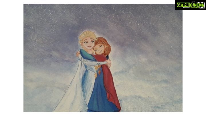 Arthana Binu Instagram - Here's an acrylic painting which I did to impress my sister to patch up with her an year ago. Didnt have the guts to post it then so just confined it within my insta story back then. But now I genuinely feel that it's worth a post for the time and effort I invested in to bring a smile on @meeghal_elza. Well for both of us she is my Elsa and I am her Anna. And yeah I think it's high time to get rid of my inhibitions and boost my confidence. #canvaspainting #acrylicpainting #elsaandanna #frozen