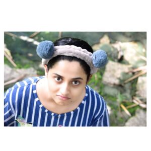 Arthana Binu Instagram - Lock down look!! Since March! 
Well these teddy ears is a gift from tukkudu @meeghal_elza and I rarely take it off my head! Just to give it a wash or so.
.
. 
And this photo happened to get clicked when UU @thenithinsyam came home to check whether I am alive or not because I have this habit of vanishing from people's reach. So then my photo friendly sister @meeghal_elza made him click her pics as usual and I had to assist them. And basically this was a focus check photo or so 
.
.
But I love this pic! Like.. it's sooo me with my two extra ears and my most commonly exhibited expression...flaunting the stitches on my right eyebrow and darkcircles👼
.
.
.
📷 : @thenithinsyam