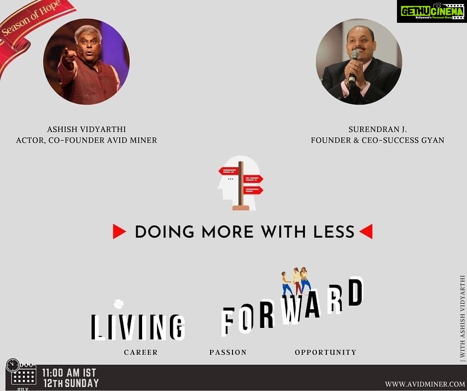 Ashish Vidyarthi Instagram - Dear friend.. It begins with belief and then the declaration of it. Let's infuse our beliefs into the world. Let's celebrate Hope... This is the Season Of Hope. Avid Miner Invites you to join us Tomorrow, Sunday, 12th of July at 11:00 AM (IST) for "Living Forward" with Ashish Vidyarthi In conversation with... Surendran J. : Founder & CEO - Success Gyan "Doing More With Less" Let's engage in actionable conversations for the future. Sunday, 12th of July at 11:00 AM (IST).. You may join us, on any of the following platforms - LinkedIn Profile - Ashish Vidyarthi Facebook Page - Ashish Vidyarthi YouTube - Ashish Vidyarthi Official Alshukran Bandhu Alshukran Zindagi www.avidminer.com #Livingforward #DoingMorewithless #Ashishvidyarthi #SuccessGyan #SuccessLessons #SuccessPrinciples
