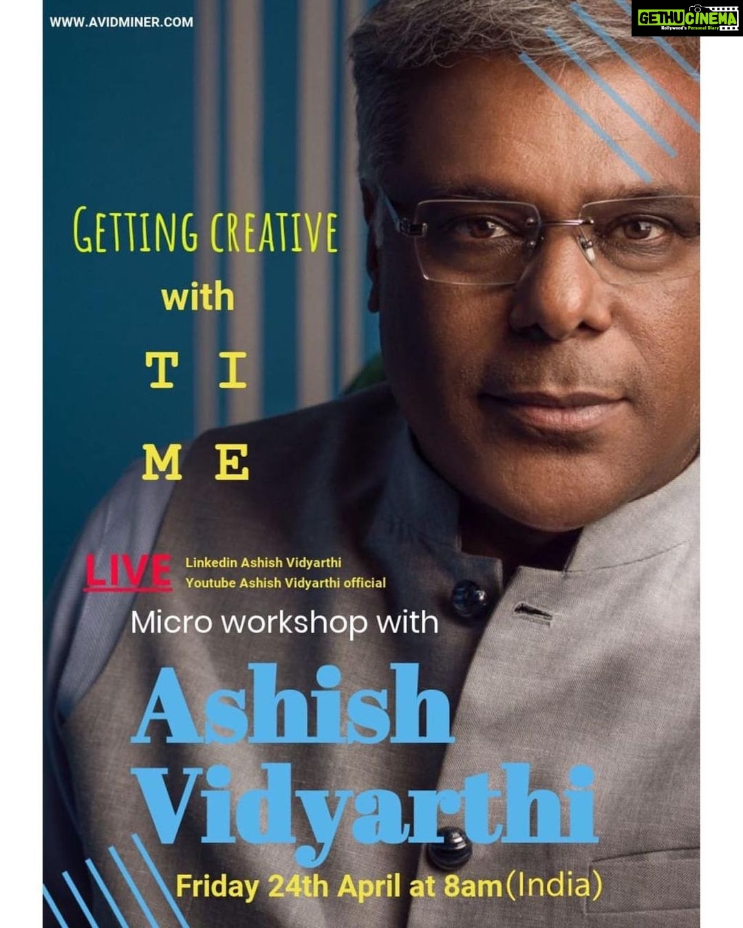 Ashish Vidyarthi Instagram - Creative by definition is, involving the use of the imagination to create something. Put in a different way... "what else we can do, with what we have." In this case time.. What all can we accomplish with the time in hand ? I look forward to sharing methods I use to expand the width and depth of time, to fulfill more with the hours at hand. Do come prepared to work on two things you really want to accomplish but you haven't had time for... Be there tomorrow with a notebook and pen. I look forward to an invigorating Micro Workshop, tomorrow 24th April from 8am IST. On LinkedIn & Youtube. Let's create value! www.avidminer.com Alshukran Bandhu Alshukran Zindagi! P. S. Those of you who have a query on life or career & would like to one on one with me, while LIVE during this session or the following one's.. Do send a mail to reachus@ashishvidyarthi.com With the subject marked "I want to come LIVE with you on LinkedIn" Cheers #learning #possibility #creativity #onlineworkshop