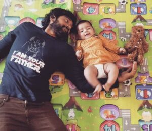 Ashwin Kakumanu Instagram - The force is strong with this baby Yoda. 🌝
.
.
.
#babychewy #chewybaby #iAMherfather #babynerd #myReyoflight
