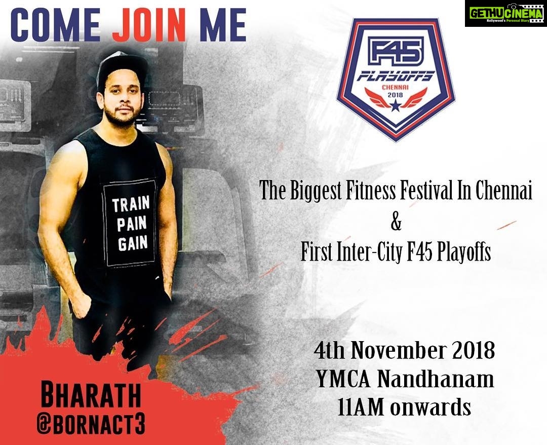 Bharath Instagram - Hey guys! Excited to share that I will be a part of Chennai’s Largest Fitness Festival that is coming up on Nov 4th at YMCA Nandanam from 11 am to 4:30 pm to promote fitness awareness among Chennaiites. 😁 . . There are many fun fitness activities for everyone to take part so you can walk in with your kids, parents, friends & family to enjoy the scheduled activities throughout the day and also varieties of food stalls from Namma Chennai. . . And you can also participate in the global benchmark fitness test F45 Playoffs and win prizes close to 1.75 lakhs. . See you all there! Book now on: https://www.eventjini.com/f45playoffsregistration .