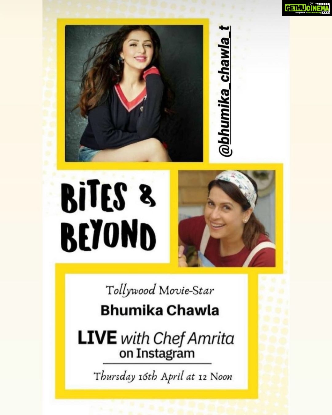 Bhumika Chawla Instagram - FIRST TIME EVER LIVE TOMORROW —- Looking forward to connecting with Amrita — on Bites and Beyond ... at 12 noon —- see you all tomorrow..