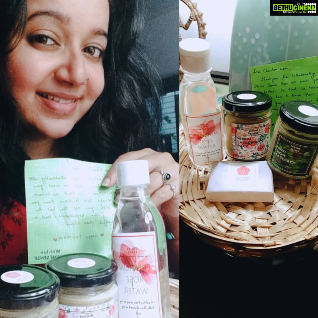 Chandra Lakshman Instagram - Thanks much for sending across these lovely face packs,handmade soap and my all time favourite Rose water @sensedivine..Cant wait to try out these natural beauty products..š #moongirl #naturally #skinandhair #naturalskincareproducts #collaboration #influencer Chennai, India