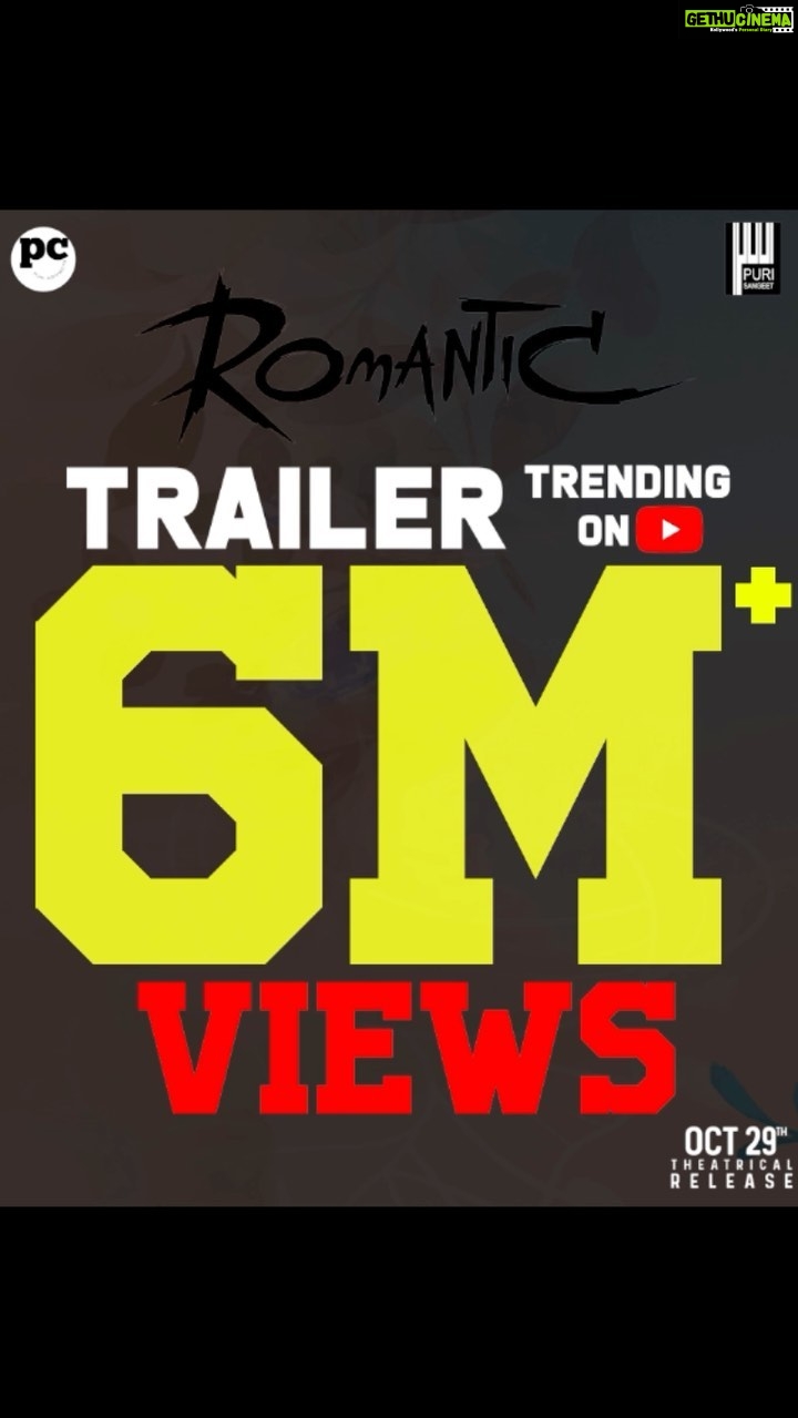 Charmy Kaur Instagram - Emoting all in Love 💖 #Romantic Trailer Crosses 6 Million + Views 🤩 & Trending on youtube 🥁 #RomanticOnOCT29th💥 @actorakashpuri @ketikasharma @meramyakrishnan #PuriJagannadh @anil.paduri #SunilKashyap @vish_666 @junaid.editor @jonnyshaikartdirector @uttejartiste @meesunaina @deviyyani @temper_vamsi @raviawana @nareshkancharana @puriconnects #PCfilm @haashtagmedia @ursvamsishekar