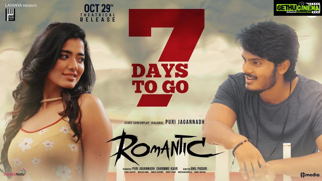 Charmy Kaur Instagram - 7 Days to go !🤩 #Romantic 💖 Rolling out in Theatres to engulf in ROMANCE 🔥 Pre release event Today from 5PM onwards in Warangal! @actorakashpuri @ketikasharma @meramyakrishnan #PuriJagannadh @anil.paduri #SunilKashyap @vish_666 @junaid.editor @jonnyshaikartdirector @uttejartiste @meesunaina @deviyyani @temper_vamsi @raviawana @nareshkancharana @puriconnects #PCfilm @haashtagmedia @ursvamsishekar #RomanticOnOCT29th💥