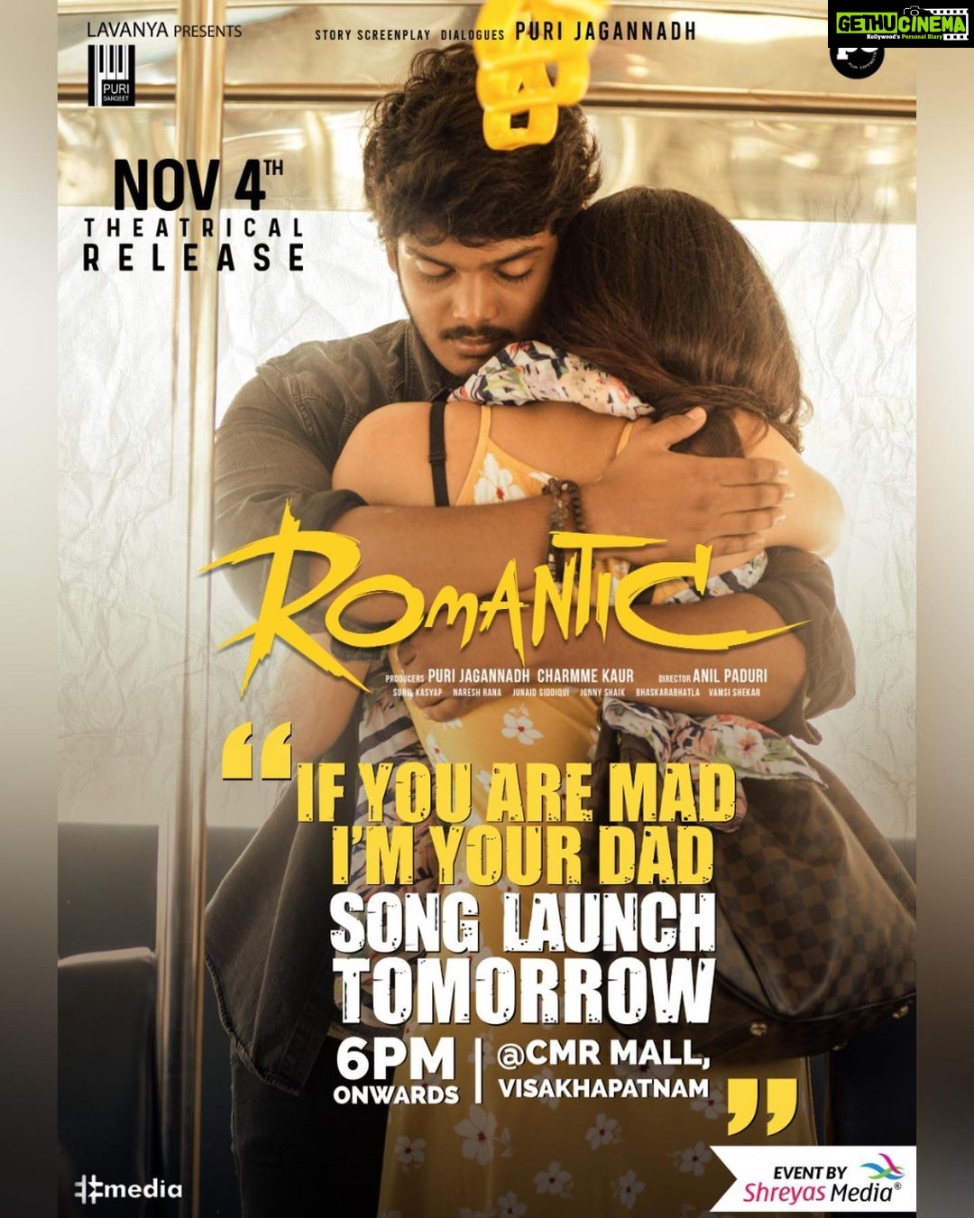 Charmy Kaur Instagram - Hello VIZAG, Team #Romantic coming for the song launch of #IfYouAreMadImYourDad π₯ πTomorrow, Oct 14th, 06.16PM πCMR CENTRAL,VIZAG Meet you all there! @actorakashpuri @ketikasharma @meramyakrishnan #PuriJagannadh #AnilPaduri #SunilKashyap @vish_666 @shreyasgroup @haashtagmedia @ursvamsishekar #ππ¨π¦ππ§ππ’πππ§ππ¨π―πππ‘ @junaid.editorΒ @jonnyshaikartdirector @uttejartiste @meesunaina @deviyyani @temper_vamsiΒ @raviawana @nareshkancharana @puriconnects #PCfilm