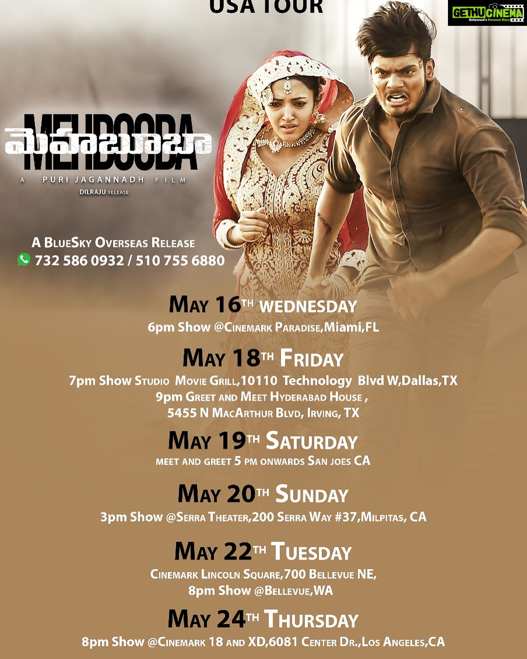 Charmy Kaur Instagram - USA ... can’t wait to watch #Mehbooba with u all .. let’s kick start with the premiere on 10 th 8 pm at New Jersy 🤗🤗 further details in the list above.. We r all going to b there 💃🏻 @purijagannadh @puriconnects @actorakashpuri @iamnehashetty 🤗