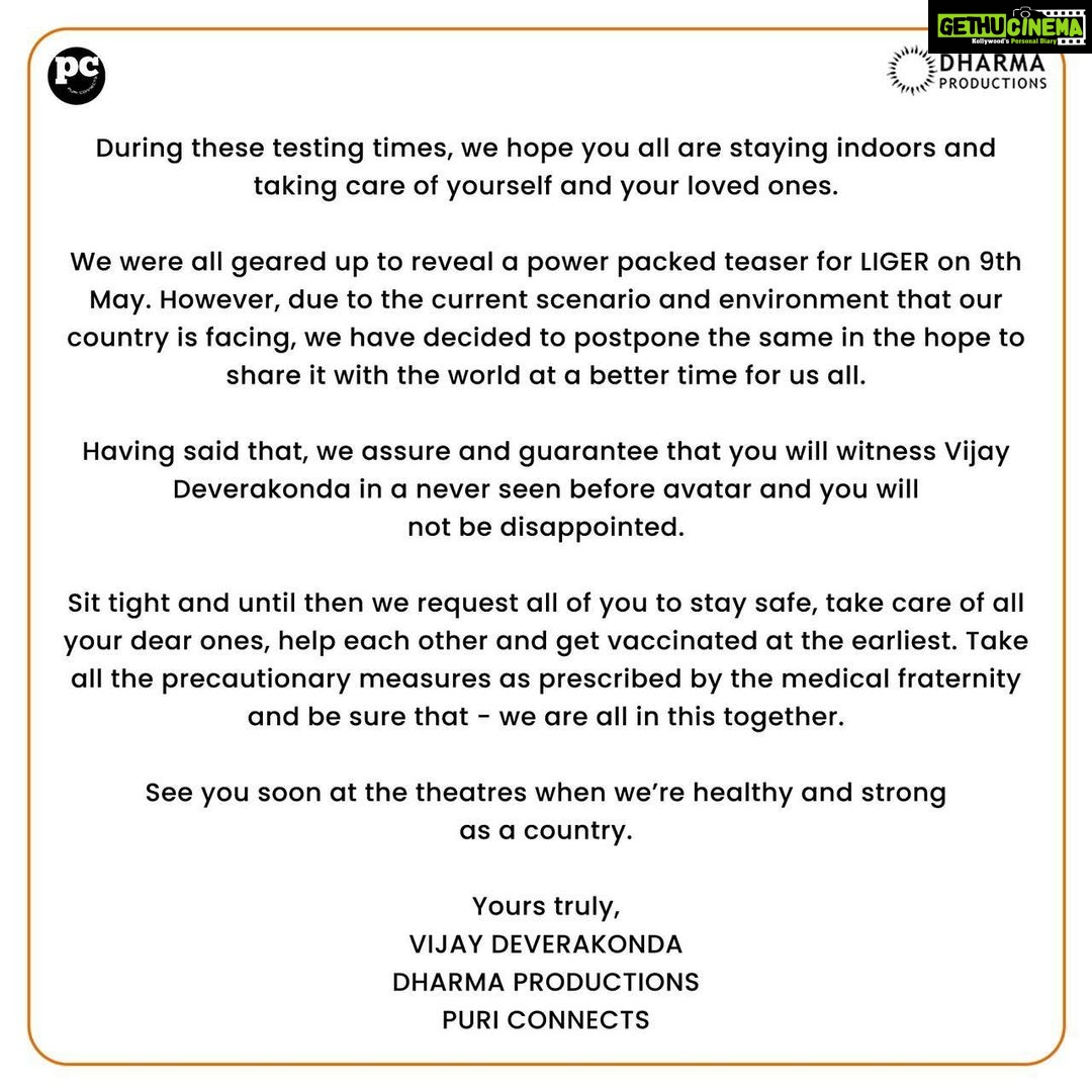 Charmy Kaur Instagram - In light of the current environment and testing times our country is facing, our focus is solely on helping the community. Therefore, we have decided to postpone the release of the teaser of #LIGER. We hope you’re staying safe, staying healthy and staying home. Thank you for all your support! #PuriJagannadh @thedeverakonda @ananyapanday @karanjohar #PuriJagannadh @apoorva1972 @ronitboseroy @meramyakrishnan @Vish_666 @dharmamovies @puriconnects