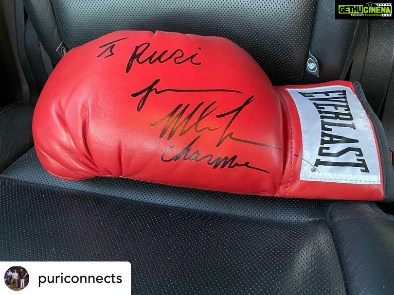Charmy Kaur Instagram - Posted @withregram • @puriconnects Personally autographed by legend @miketyson 🥊 For boss #Purijagannadh n boss lady @Charmmekaur✨ This is surely going to be treasured forever 🥰 #LIGER #ShootInUSA
