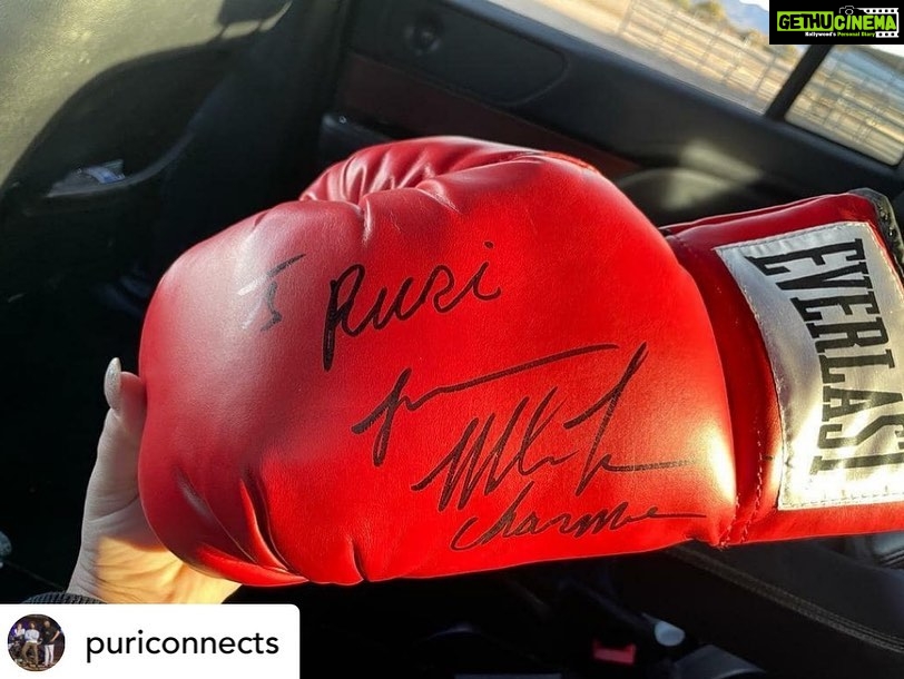 Charmy Kaur Instagram - Posted @withregram • @puriconnects Personally autographed by legend @miketyson 🥊 For boss #Purijagannadh n boss lady @Charmmekaur✨ This is surely going to be treasured forever 🥰 #LIGER #ShootInUSA
