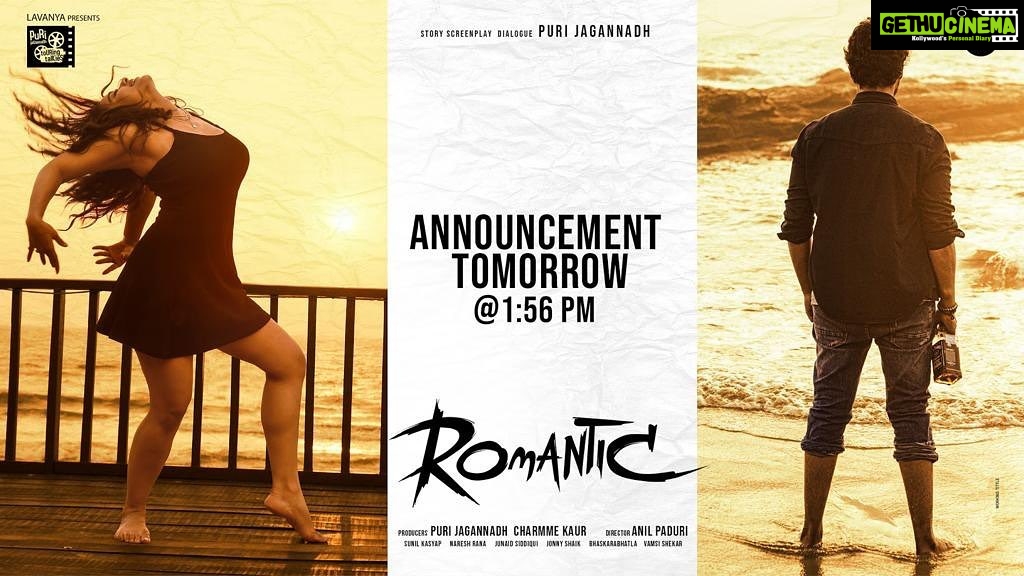 Charmy Kaur Instagram - Keep an eye out for the exciting announcement, the release date of #Romantic will be announced tomorrow @ 1.56Pm. Starring @actorakashpuri @ketikasharma produced by @purijagannadh @charmmekaur 🥰 🎬 @anil.paduri 🎼#SunilKashyap @puriconnects #PCfilm ❣️