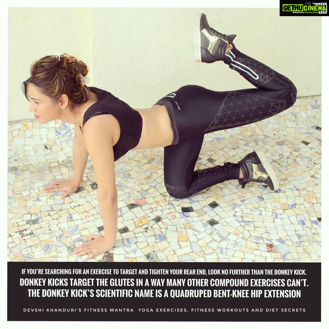 Devshi Khandur Instagram - If you’re searching for an exercise to target and tighten your rear end, look no further than the donkey kick. Donkey kicks target the glutes in a way many other compound exercises can’t. This move can be completed without equipment and can be modified for all fitness levels The donkey kick’s scientific name is a quadruped bent-knee hip extension. But it gets its nickname from the literal movement, which looks like the animal’s notorious kick. There are several different variations of this exercise that can be performed. Try one of these five to get your booty in gear. Assume the starting position on all fours: knees hip-width apart, hands under your shoulders, neck and spine neutral.Bracing your core, begin to lift your right leg, knee staying bent, foot staying flat, and hinging at the hip.Use your glute to press your foot directly toward the ceiling and squeeze at the top. Ensure your pelvis and working hip stay pointed toward the ground.Return to the starting position.Complete 20 reps on each leg for 4-5 sets. #donkeykick #buttworkouts #femalemodel #bootybuilder #hardcoreladies #curves #devshikhanduri #actress #lyricist #yoga #lifestyle #healthy #femalefitness #fitnessmotivation #butt #sexylegs #glutes #training #curvesaresexy #femaleworkouts #butts #fitness #fitfam #healthyliving #repost #motivation #workoutahome #goals #homeexcersises #share India Mumbai City