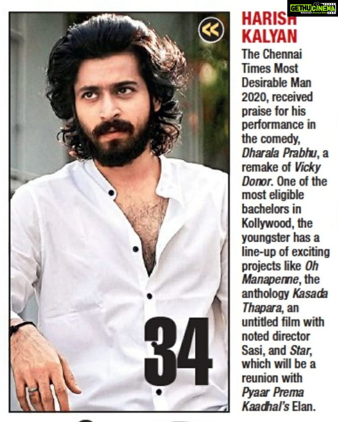 Harish Kalyan Instagram - No.34 At the pan india level #TimesOfIndiaMostDesirableMen2020 Thanks for this honour @timesofindia ! Humbled & grateful for this. Thank you everyone for this. Godspeed 🤗❤️