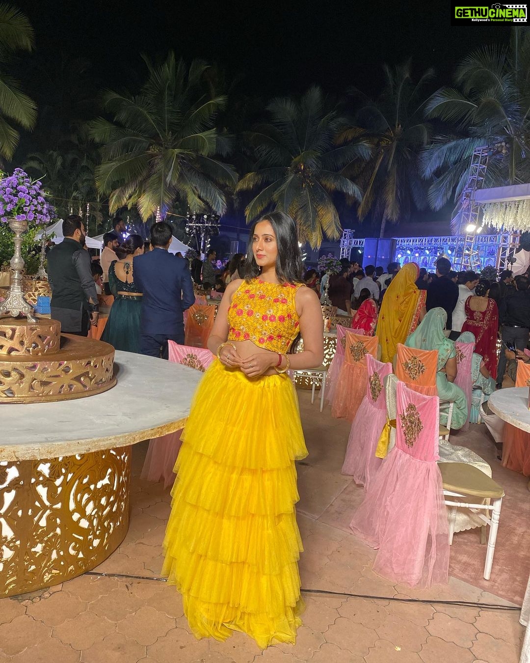 Harshika Poonacha Instagram - Be your own SUNSHINE ♥️ . . . Weddings are fun when it’s your close ones,Happy married life to the gorgeous couple Pankaj and Soniya ♥️ I loved #sangeet #baarath #haldi #phere and yesterday was the #reception. So the series of looking good continues with a beautiful lehenga from @shreedesignersboutique . MUH @indiravisage Jewellery @velvetboxby #PankajwedsSoniya Golden Palms Hotel & Spa